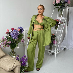 Sexy Spring Summer Casual Vacation Three Piece Satin Suit