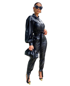 PU Leather Long-Sleeve Suit Two-Piece Set