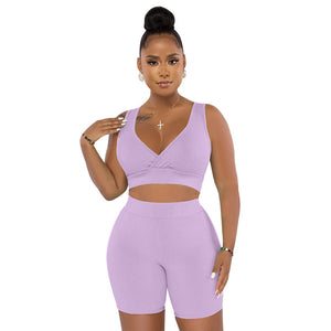 Women  Solid Color V neck Sleeveless Sports Two Piece Set