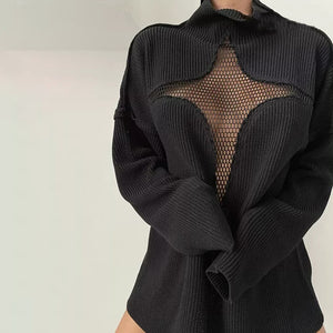 Winter Cutout Patchwork Mesh Loose High Collar Knitted Sweater