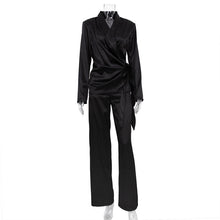 Load image into Gallery viewer, Spring Ice Satin Long Sleeve Padded Shoulder Lace-up Shirt  Casual Suit Women
