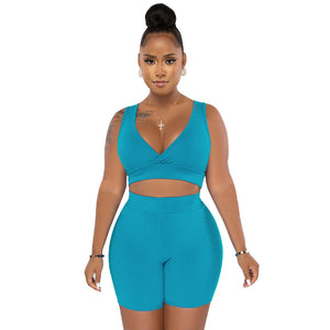 Women  Solid Color V neck Sleeveless Sports Two Piece Set