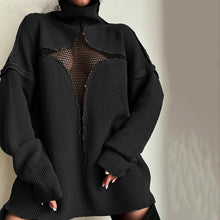 Load image into Gallery viewer, Winter Cutout Patchwork Mesh Loose High Collar Knitted Sweater
